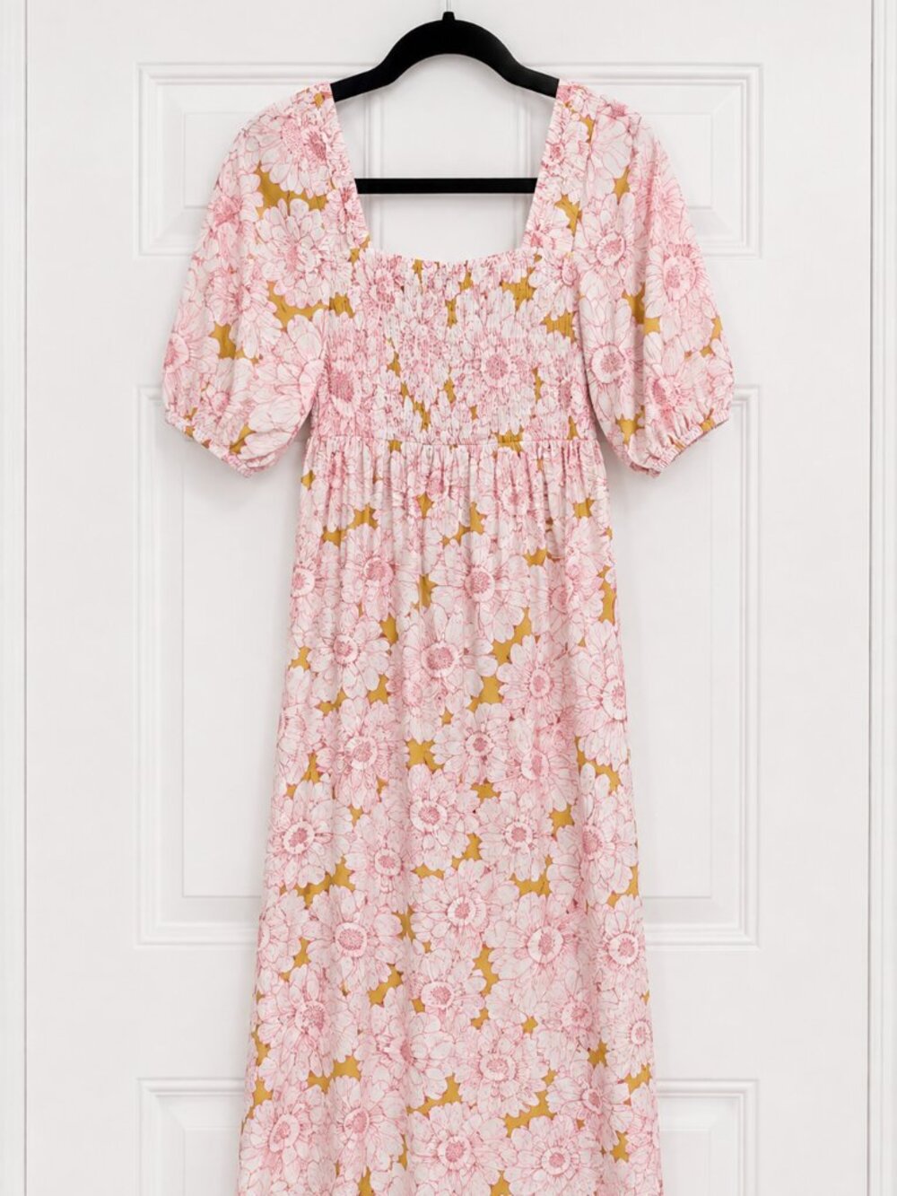 DR2 Women Floral Smocked Midi Dress Pink White Gold Puff Sleeve Size LARGE